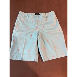 Talbots The Perfect Short Womens 4P Blue Pink Embroidered Flamingo Chino Shorts